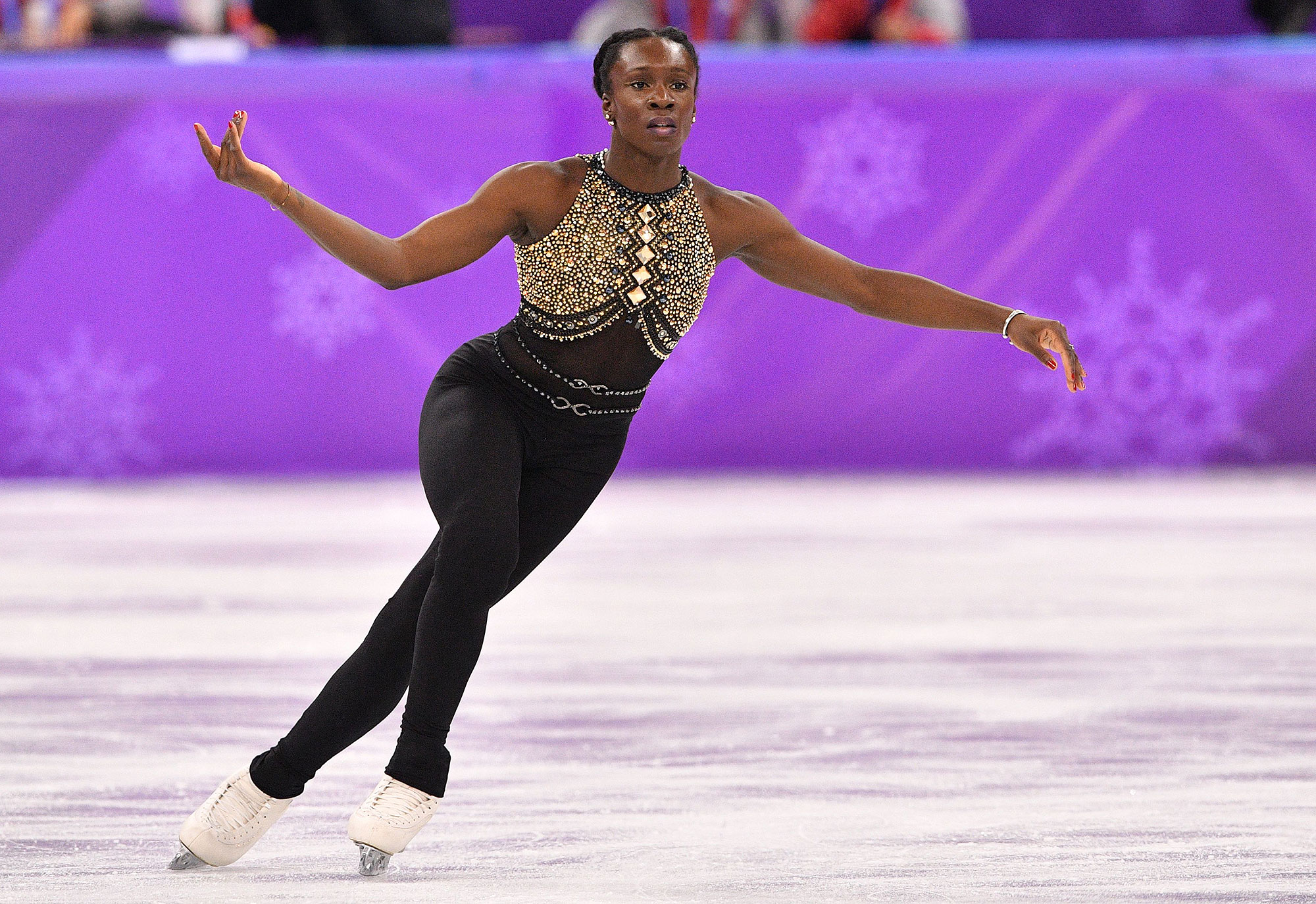 French figure skater Maé-Bérénice Méité competing in the 2018 Winter Olympics