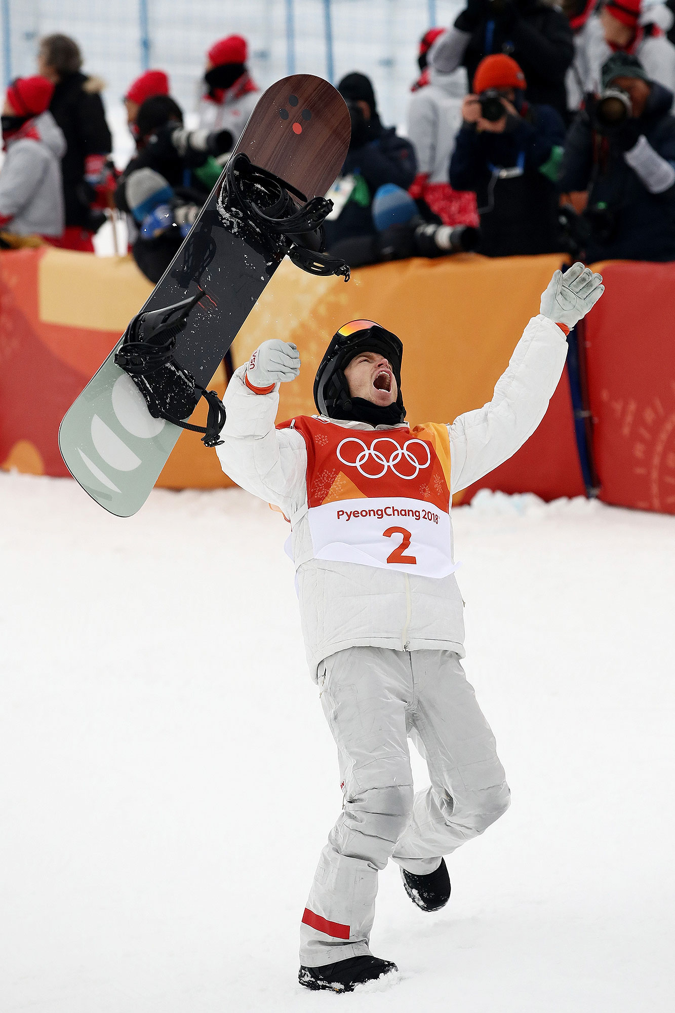 Snowboarder Shaun White at the end of his final run in the men's halfpipe final at the 2018 Winter Olympics, where he won gold