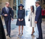 Meghan Markle, wearing a white Stephen Jones beret and a matching Amanda Wakeley crombie coat, attends the Commonwealth Day service at Westminster Abbey with her fiance Prince Harry