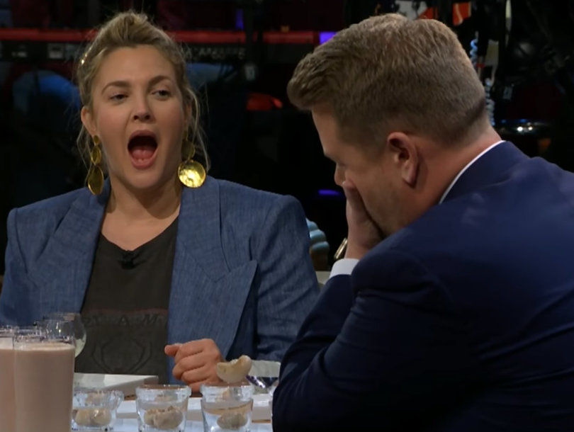 Drew Barrymore Avoids Eating Turkey Testicles by Name Dropping 'Least Talented Co-Star' to James Corden