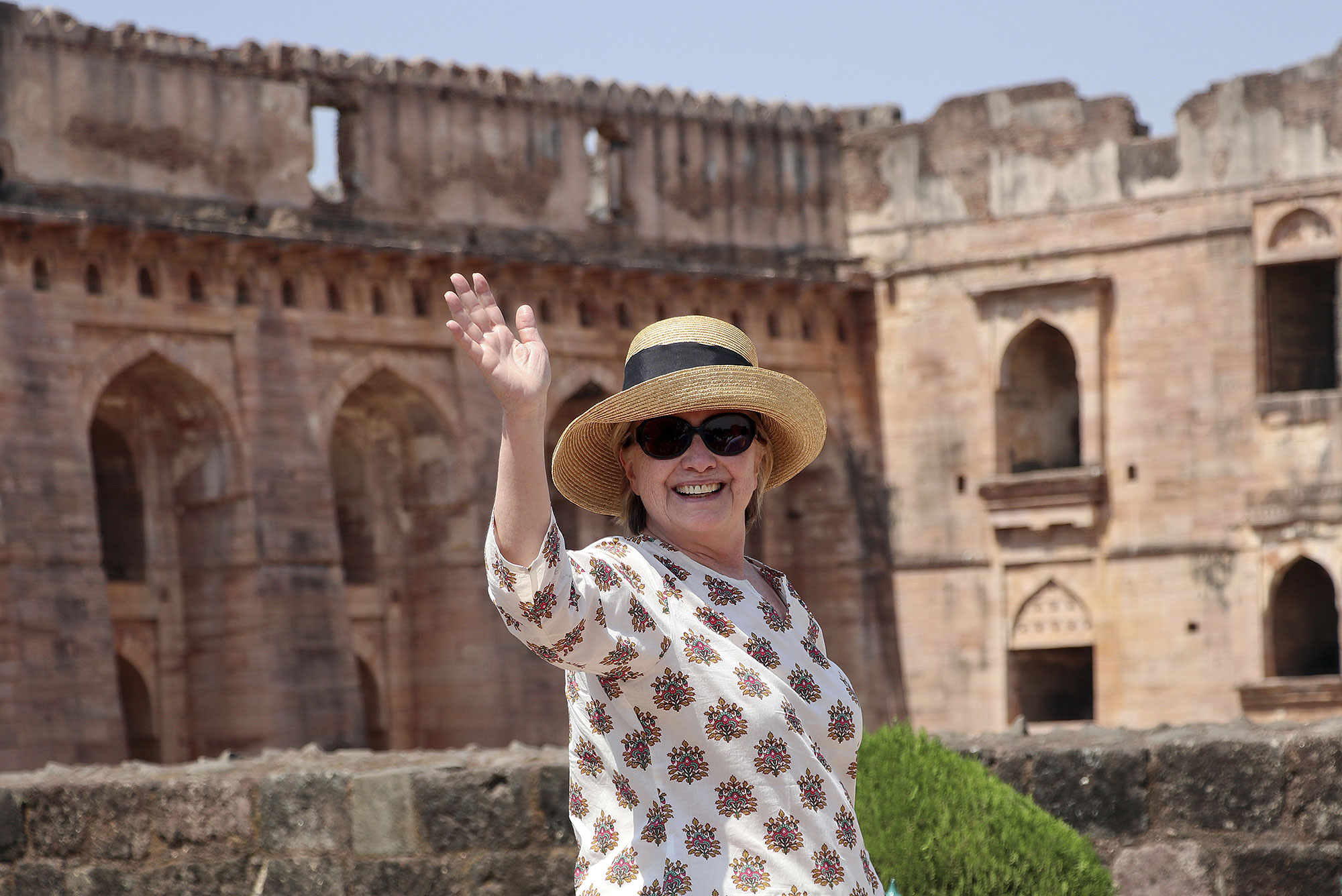 Hillary Clinton at the Jahaz Mahal monument in Mandu, Madhya Pradesh state in India