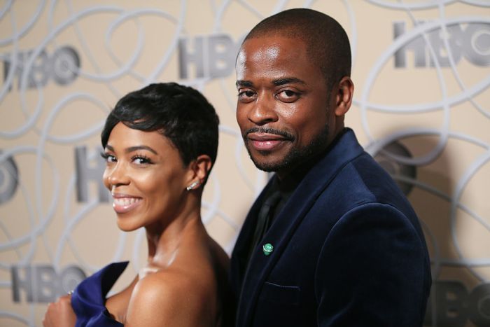 LOS ANGELES, CA - JANUARY 08:  Actress Jazmyn Simon and actor Dule Hill arrive at HBO's Official Golden Globe Awards after party at the Circa 55 Restaurant on January 8, 2017 in Los Angeles, California.  