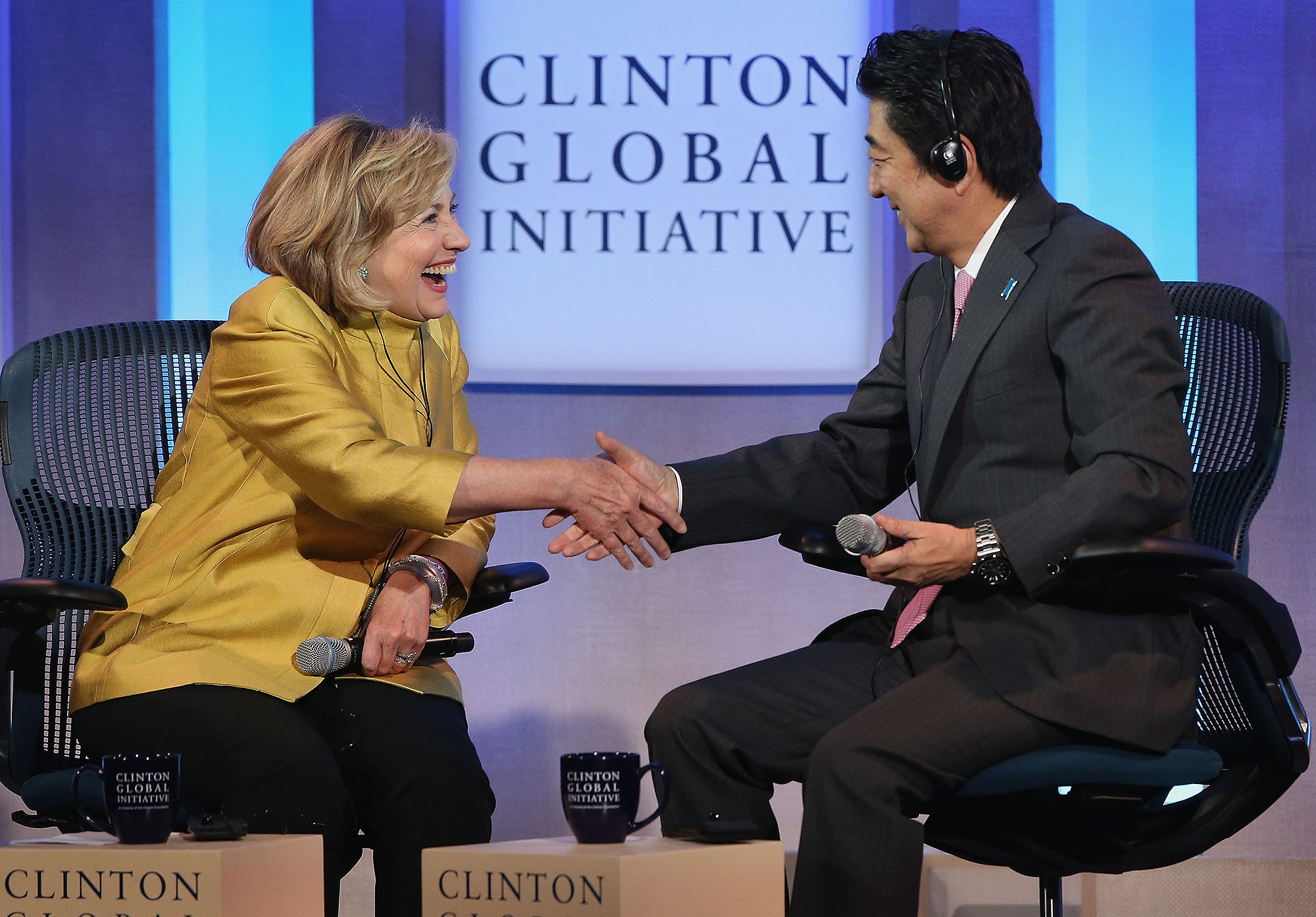 Hillary Clinton interviewing Japanese Prime Minister Shinzo Abe